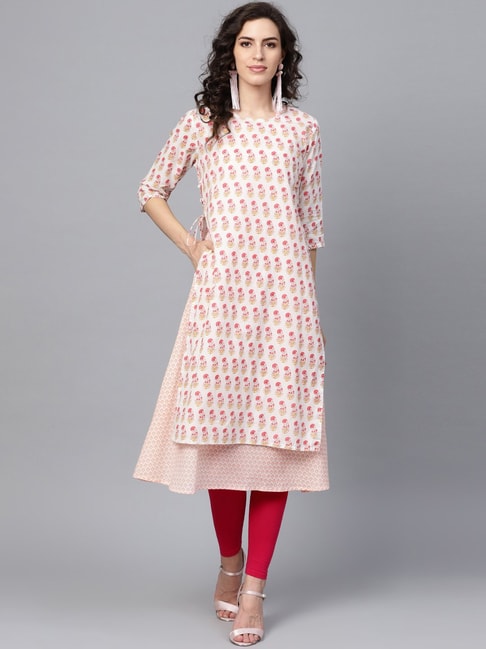 Indo Era Off-White & Blush Pink Cotton Printed Double Layered Kurta Price in India