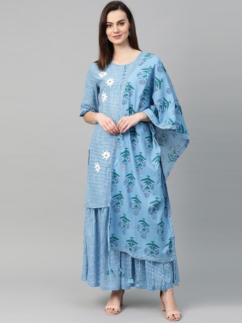 Ishin Blue Cotton Embroidered Kurta Sharara Set With Dupatta Price in India