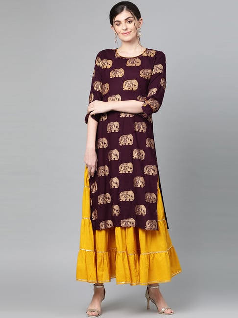 Ishin Purple & Mustard Printed Kurta Skirt Set Price in India