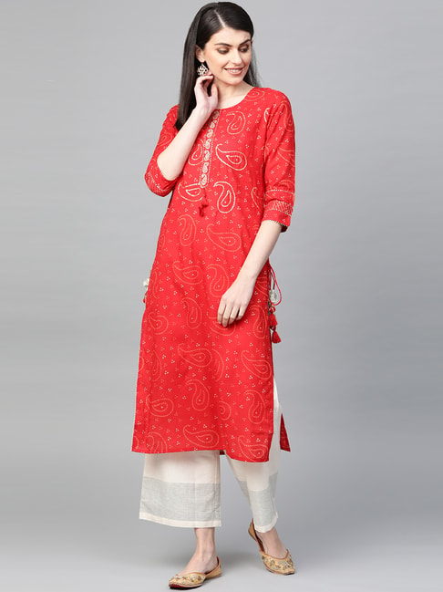 Ishin Red Cotton Embellished Straight Kurta Price in India