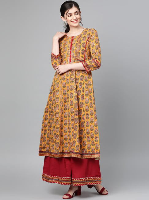 Buy Ishin Mustard & Red Cotton Printed Kurta Palazzo Set for Women ...