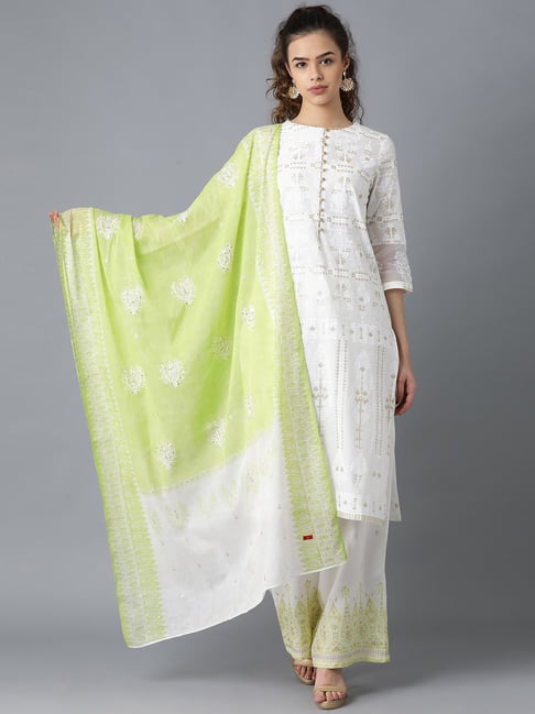 W Green Cotton Printed Dupatta