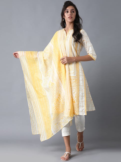 W Yellow Cotton Printed Dupatta