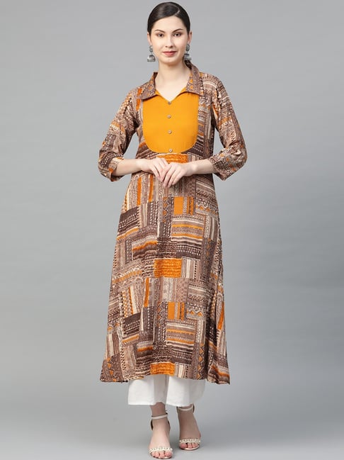 La Firangi Brown Printed A Line Kurta