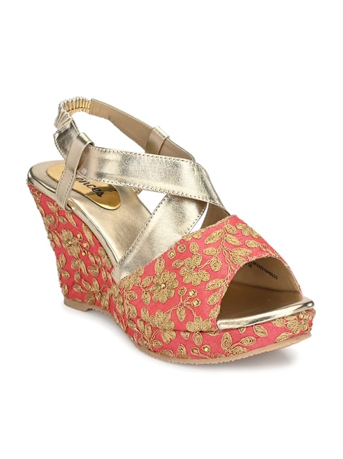 Shences Pink & Golden Sling Back Wedges