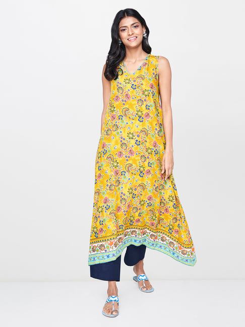 Global Desi Mustard Printed Kurta