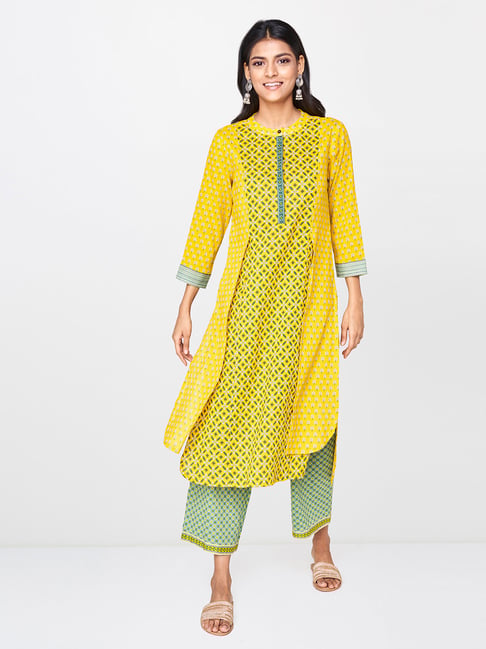 Global Desi Mustard Printed Kurta