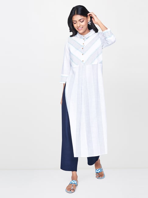 Global Desi White & Blue Printed Kurta Price in India