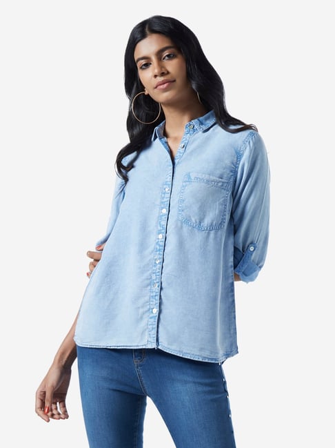 LOV by Westside Light Blue Acid Wash Casual Shirt