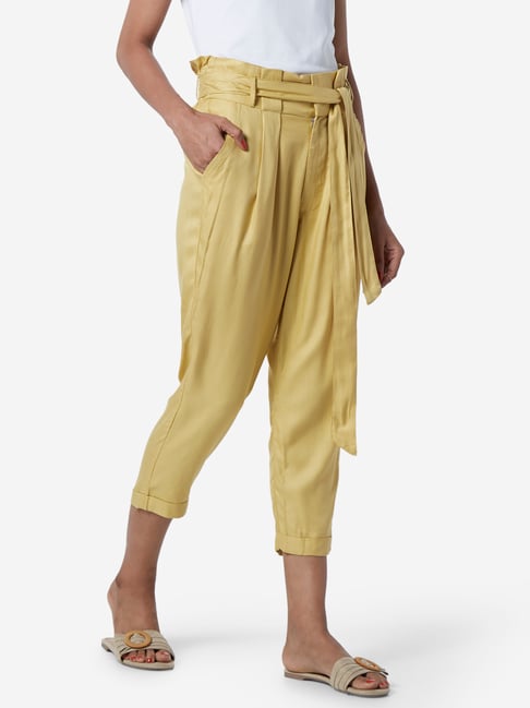 LOV by Westside Yellow Catharine Paperbag Trousers With Belt