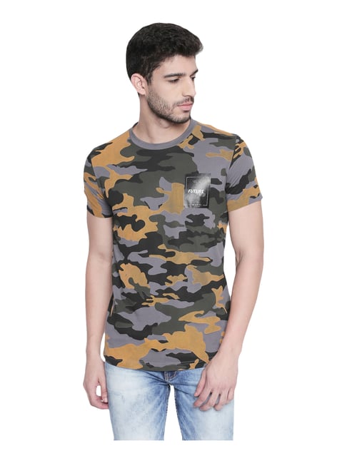 Mufti Grey & Yellow Cotton Slim Fit Camouflage T-Shirt