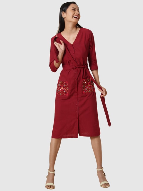 Okhai Adore Red Pure Cotton Hand Embroidered Shirt Dress Price in India