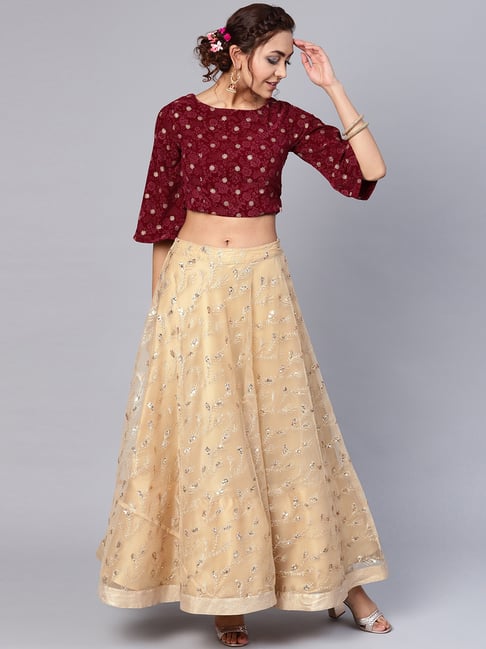 Cream And Yellow Georgette And Net Lehenga Choli -