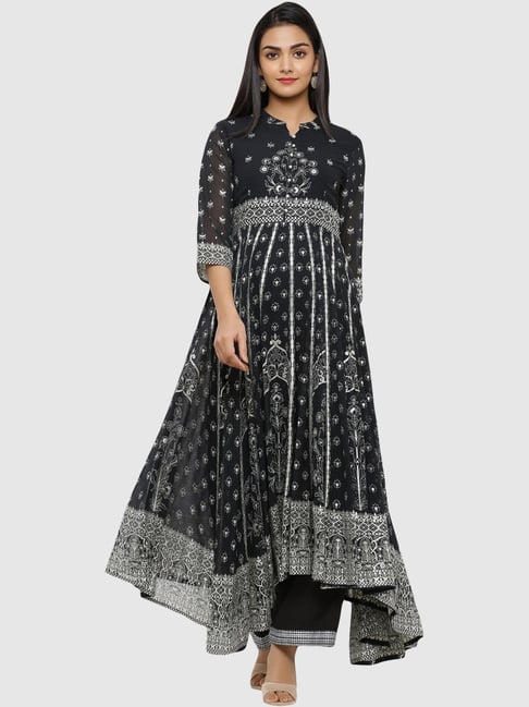 Juniper Women'S Black Georgette Foil Printed Circular Kurta Dress With Solid Palazzo Set