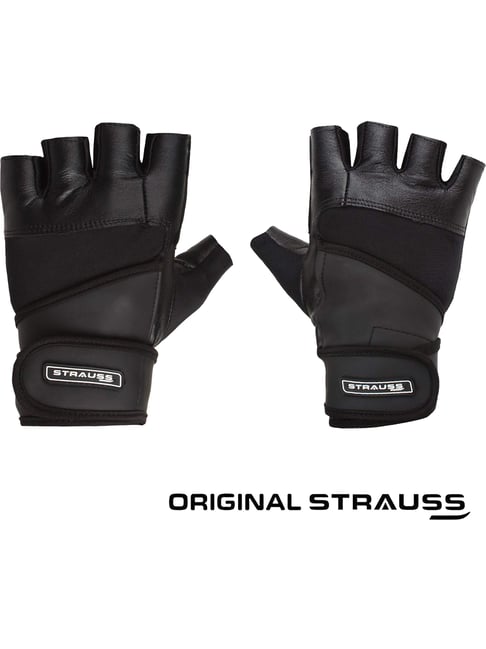 Strauss Leather Finger Cut Gym Gloves With Wrist Wrap Medium, Black