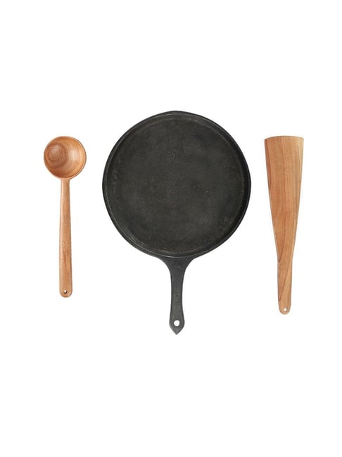 The Indus Valley Dosa Essentials Cast Iron Dosa Tawa, Flip Stirrer Spoon
