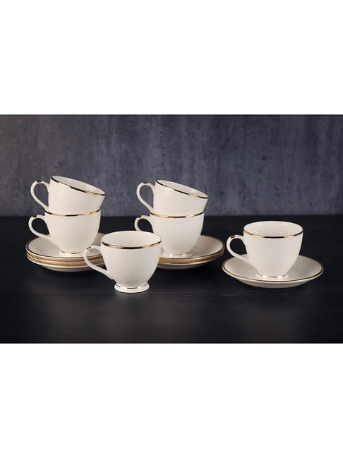 Femora Indian Ceramic Gold Line Diamond Cut White Tea Cup & Saucer Set (200 ml) - Set of 6