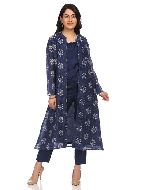 Rangriti Navy Floral Print Top Pant Set With Shrug