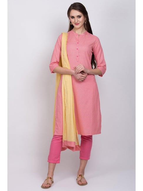 Rangriti Pink Cotton Printed Kurta Pant Set With Dupatta