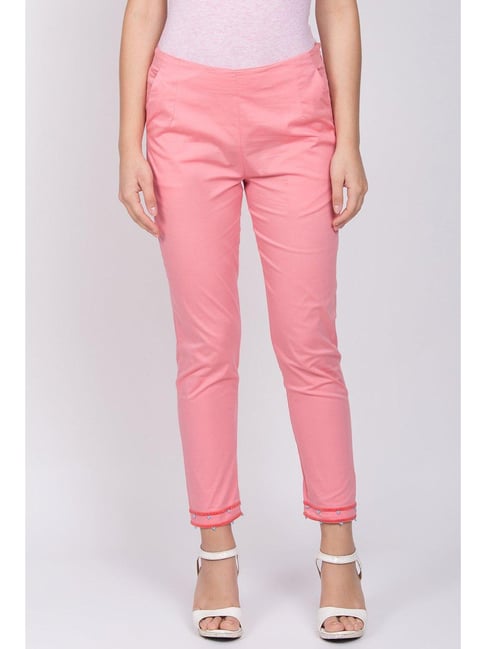 PATRORNA Light Pink Mid Rise Slim Fit Cigarette Trousers