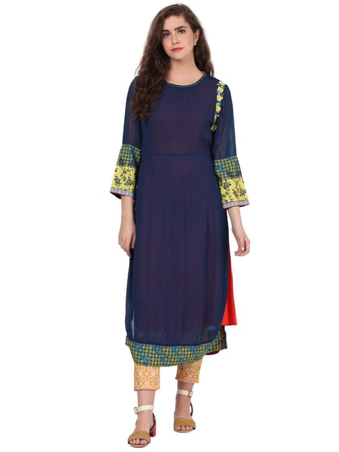 Rangriti Navy Woven Pattern A Line Kurta