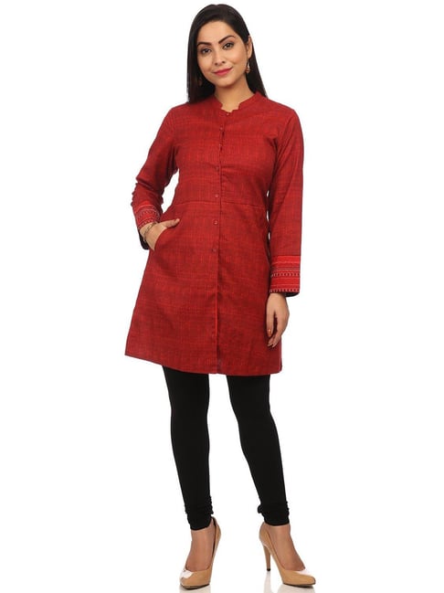 Rangriti Red Cotton Woven Pattern A Line Kurti