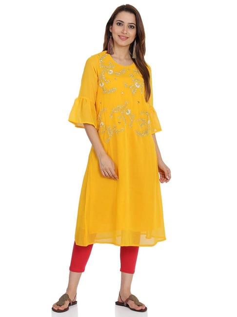 Rangriti Yellow Zari Work A Line Kurta