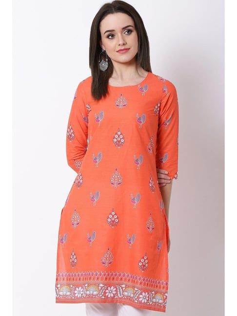 Rangriti Peach Cotton Printed Straight Kurta