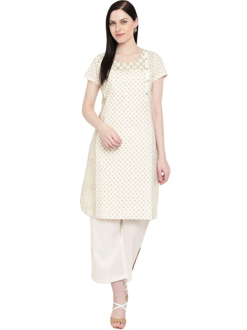 Rangriti Off-White Cotton Woven Pattern Straight Kurta