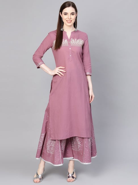 KSUT Lavender Cotton Embroidered Kurta Palazzo Set Price in India