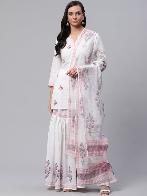 Divena White Cotton Floral Print Kurta Sharara Set With Dupatta