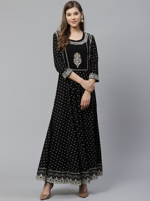 Divena Black Floral Print Anarkali Kurta