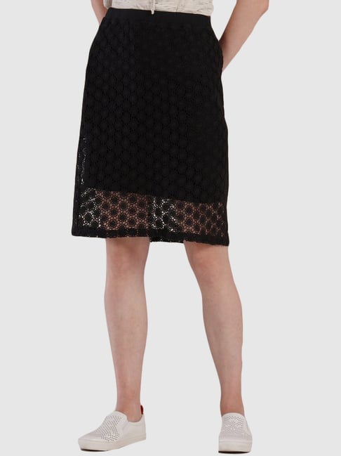 Ms Taken Black Embroidered A-Line Skirt