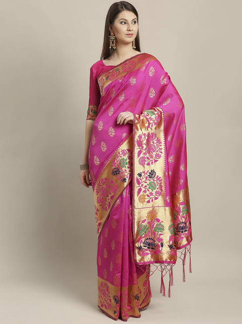 Saree Mall Pink Zari Saree With Unstitched Blouse