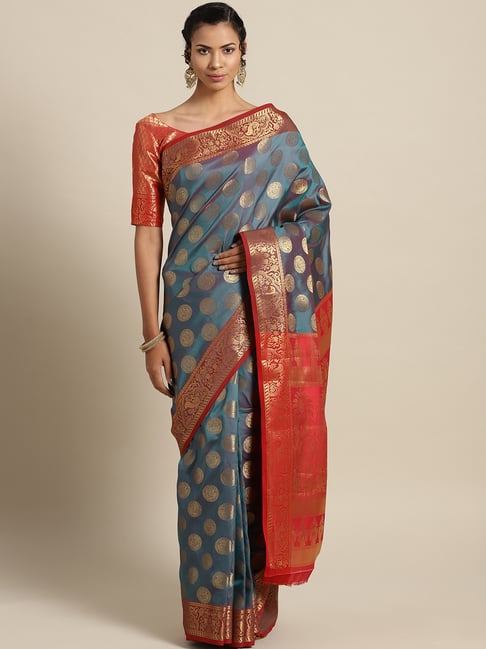 Saree Mall Blue Woven Saree With Unstitched Blouse