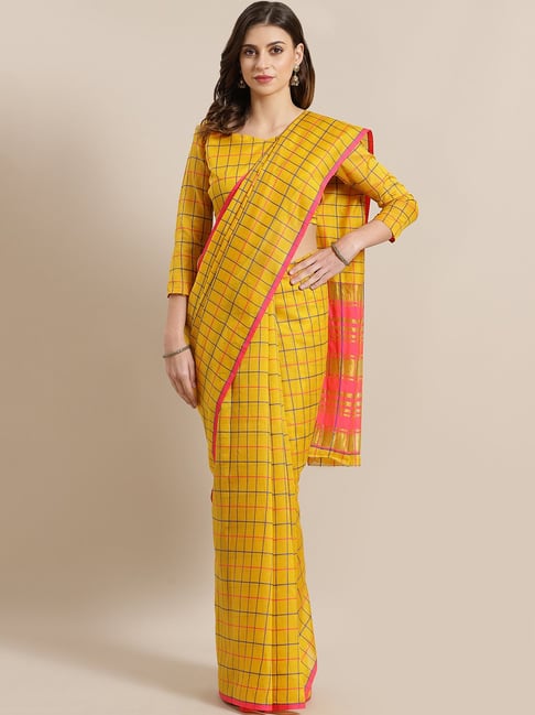 Saree Mall Yellow Checks Saree With Unstitched Blouse Price in India