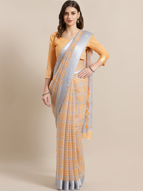 Saree Mall Grey & Orange Printed Saree With Unstitched Blouse