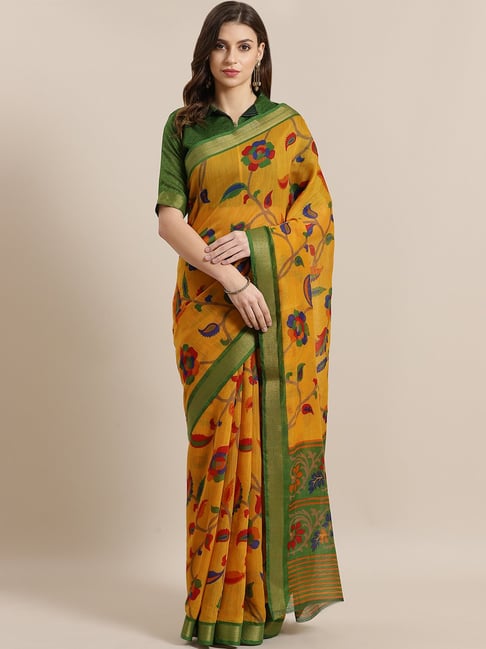 Saree Mall Mustard Floral Saree With Unstitched Blouse Price in India