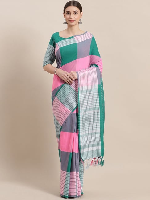 Saree Mall Pink & Grey Checks Saree With Unstitched Blouse Price in India