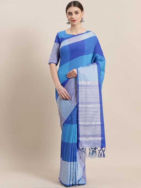 Saree Mall Blue Checks Saree With Unstitched Blouse Price in India