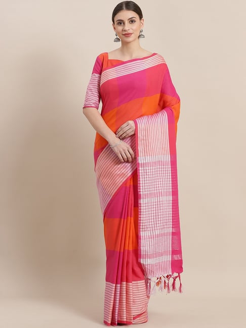 Saree Mall Pink & Orange Checks Saree With Unstitched Blouse Price in India