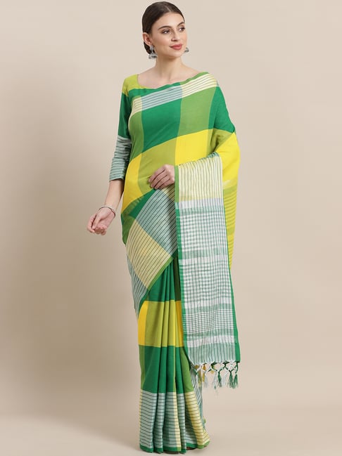 Saree Mall Green & Yellow Checks Saree With Unstitched Blouse Price in India