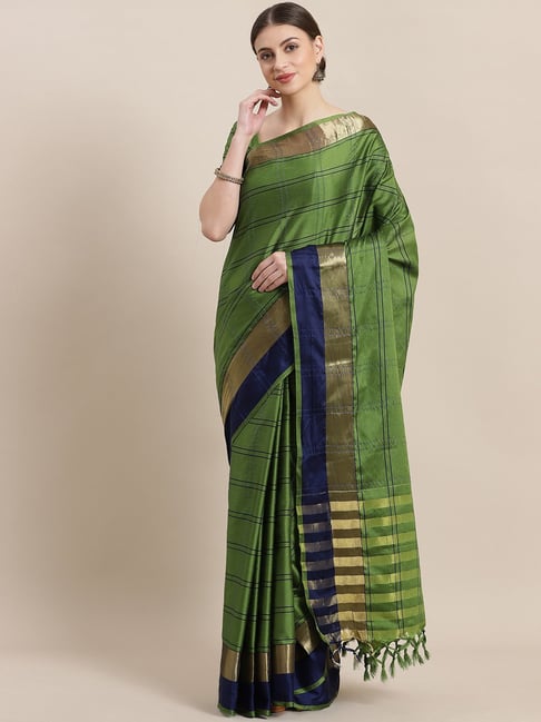 Saree Mall Green & Blue Stripes Saree With Unstitched Blouse Price in India