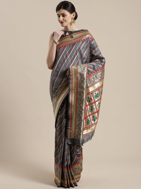 Saree Mall Grey Stripes Saree With Unstitched Blouse Price in India