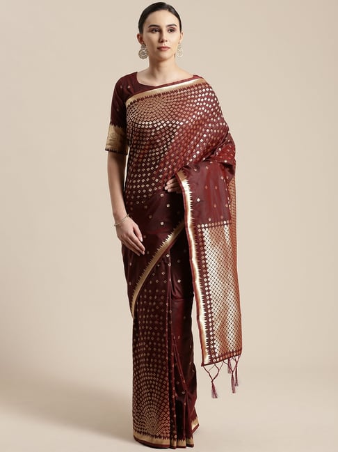 Saree Mall Brown Zari Saree With Unstitched Blouse Price in India