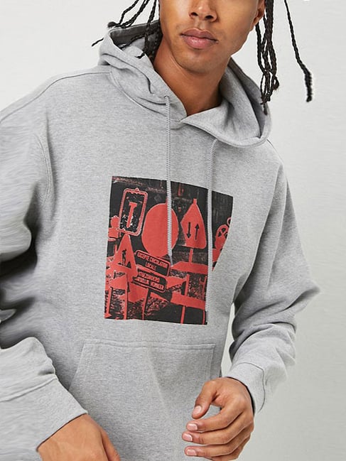 Buy Forever 21 Heather Grey u0026 Red Graphic Print Hoodie for Men Online @  Tata CLiQ