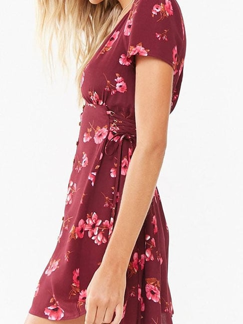 Forever 21 Burgundy Floral Print Button-Down Regular Fit A Line Dress
