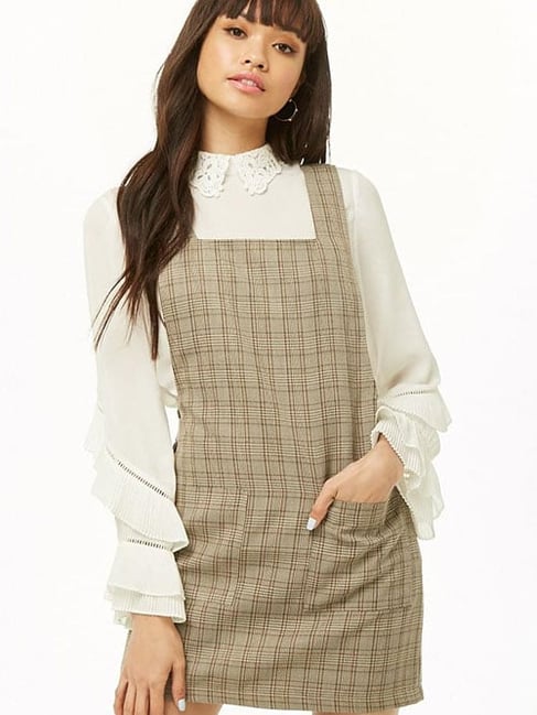 Forever 21 Brown Cream Checks Pinafore Regular Fit A Line Dress