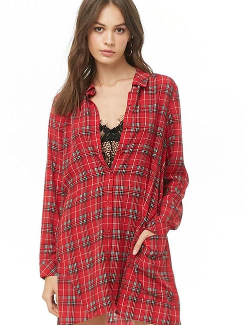 red plaid dress forever 21 Classic Plaid Fit and Flare Halter Shirt Dress - Red Multi