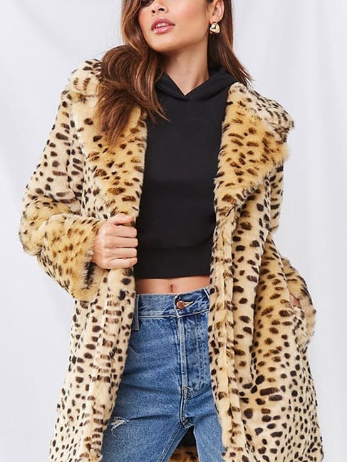 Buy Forever 21 Taupe Black Animal Print Coat for Women Online